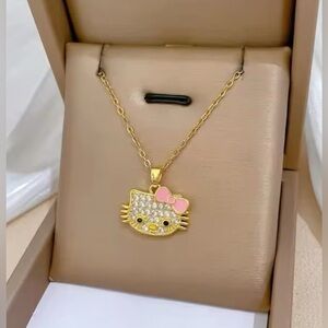 18K Gold Plated Hello Kitty Head W/ Enameled Bow Pave Diamond Inlay Necklace